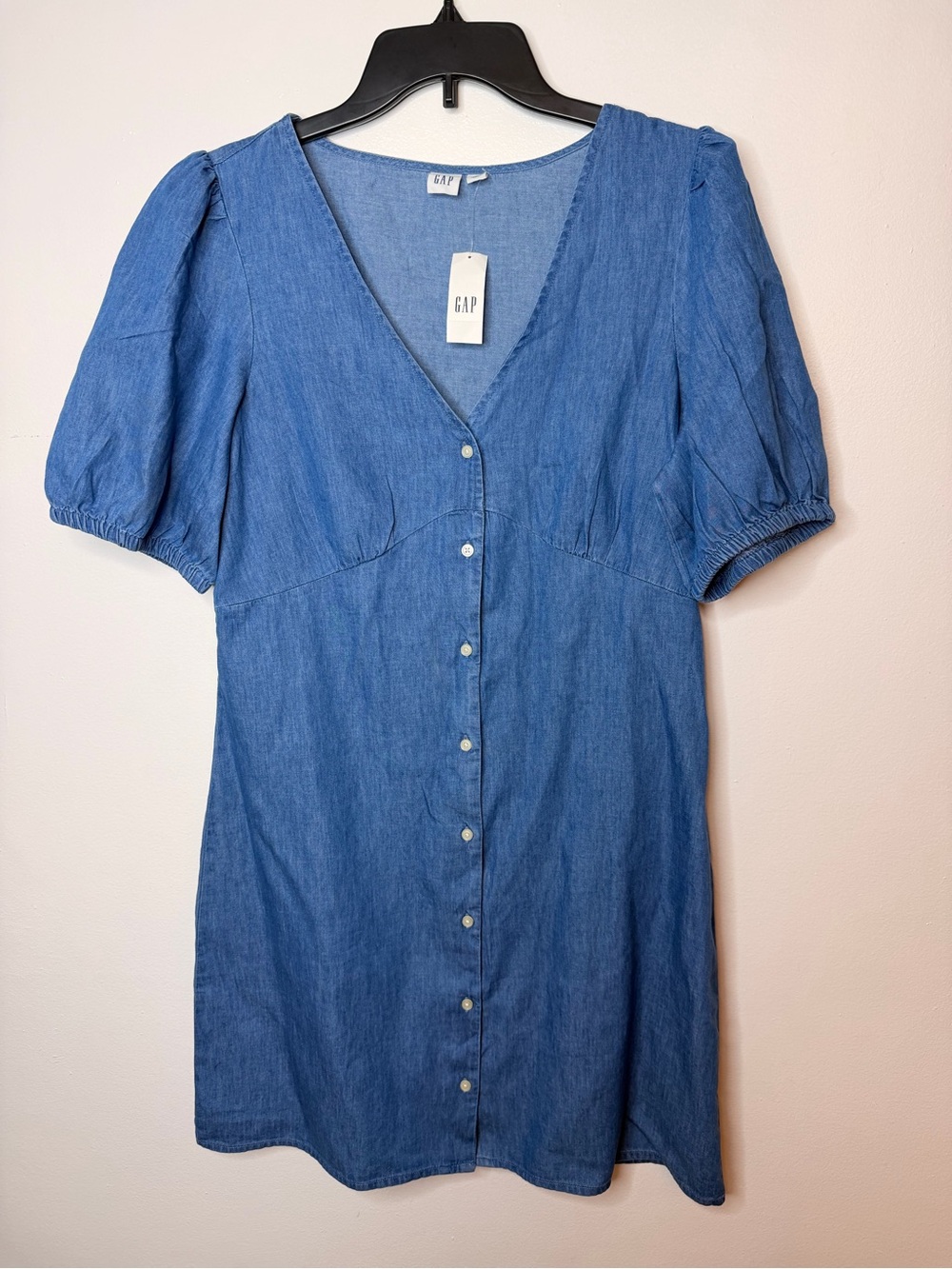 GAP Light Blue Denim V-Neck Button Dress with Puff Sleeves